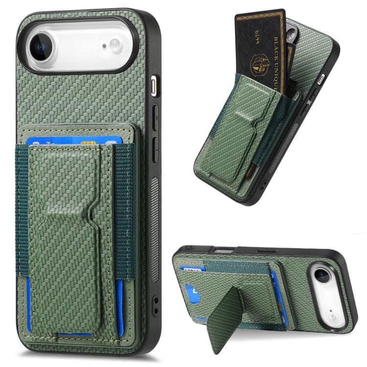 For iPhone Air Carbon Fiber Fold Stand Elastic Card Bag Phone Case(Green) - Immagine 1