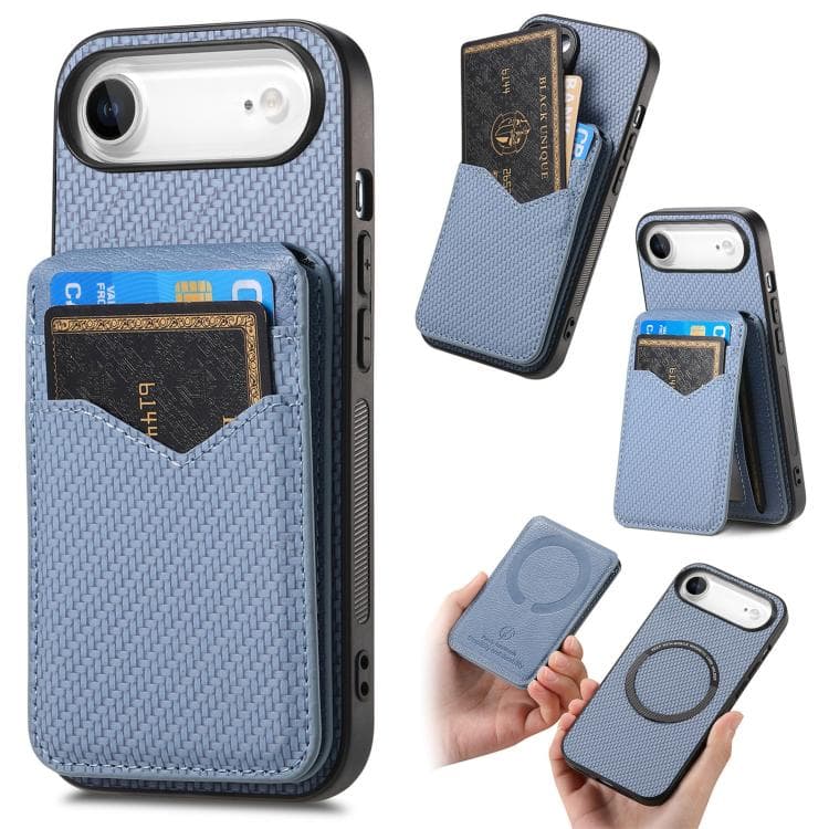 For iPhone Air Carbon Fiber MagSafe Vertical Flip Card Bag Phone Case(Blue) - Immagine 1