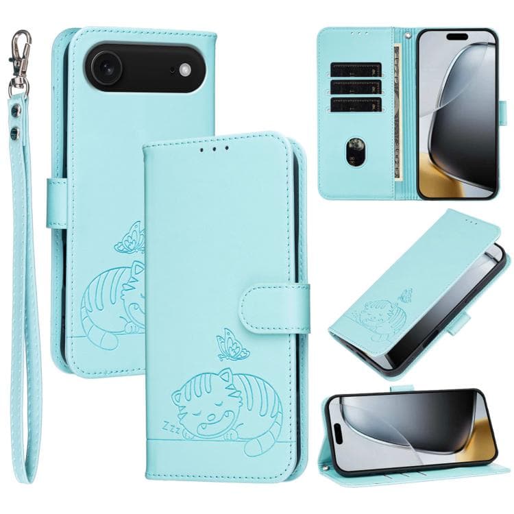 For iPhone Air Cat Butterfly Embossed RFID Vegan Leather Phone Case with Strap(Light Green) - Immagine 1