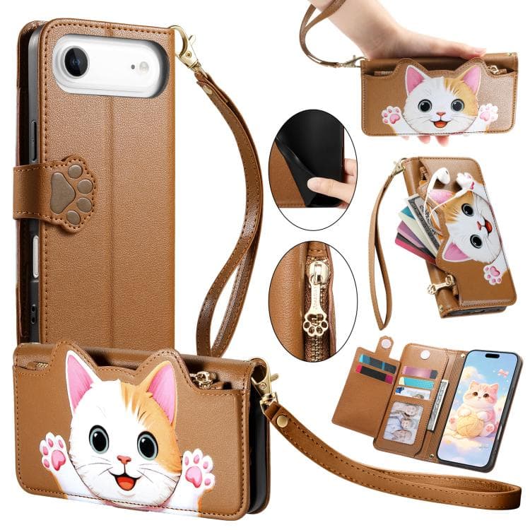 For iPhone Air Cat-shaped Zipper Wallet Vegan Leather Phone Case with Strap(Brown) - Immagine 1