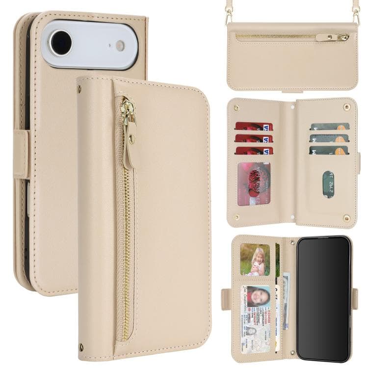 For iPhone Air Crossbody Front Zipper Multi-Card Wallet Bag Vegan Leather Phone Case(Beige) - Immagine 1