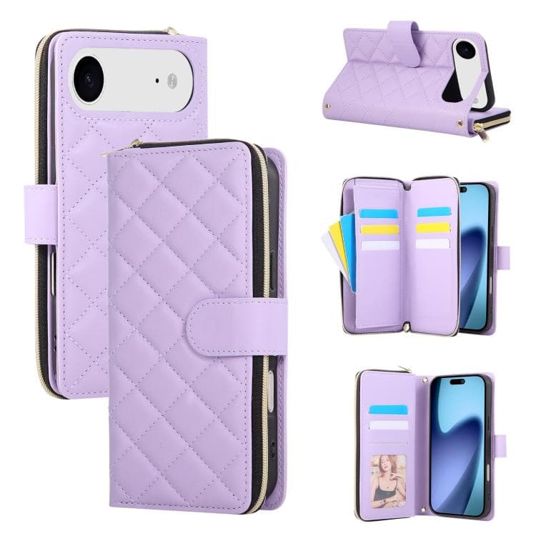For iPhone Air Crossbody Rhombic Zipper Tower Buckle Leather Phone Case with Lanyard(Purple) - Immagine 1