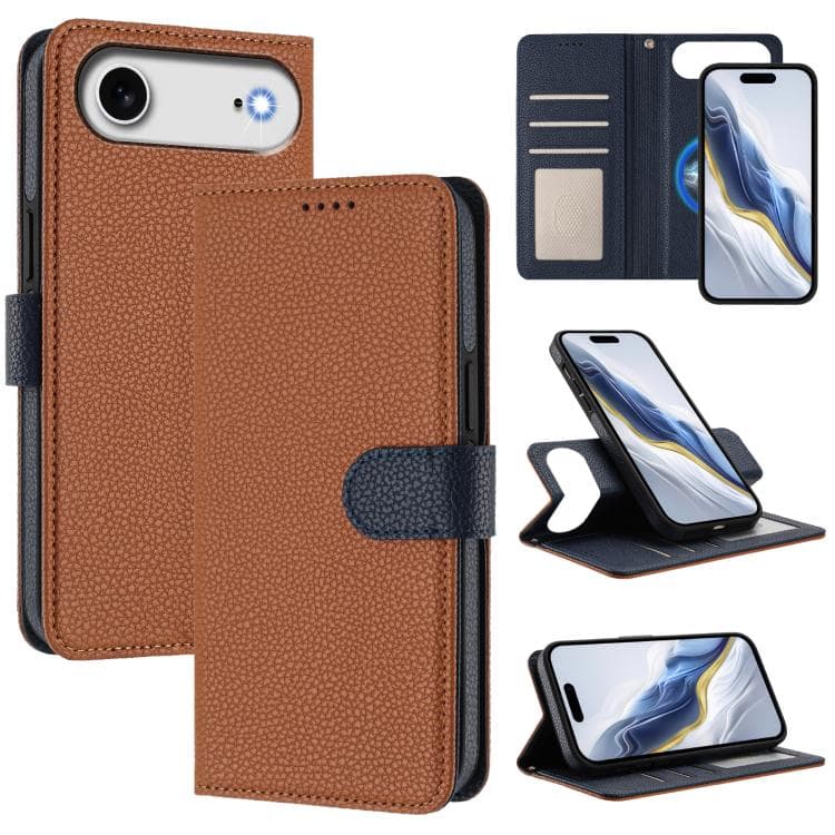 For iPhone Air Detachable Litchi Texture Magnetic Side-Patch Vegan Leather Phone Case(Brown Dark Blue) - Immagine 1