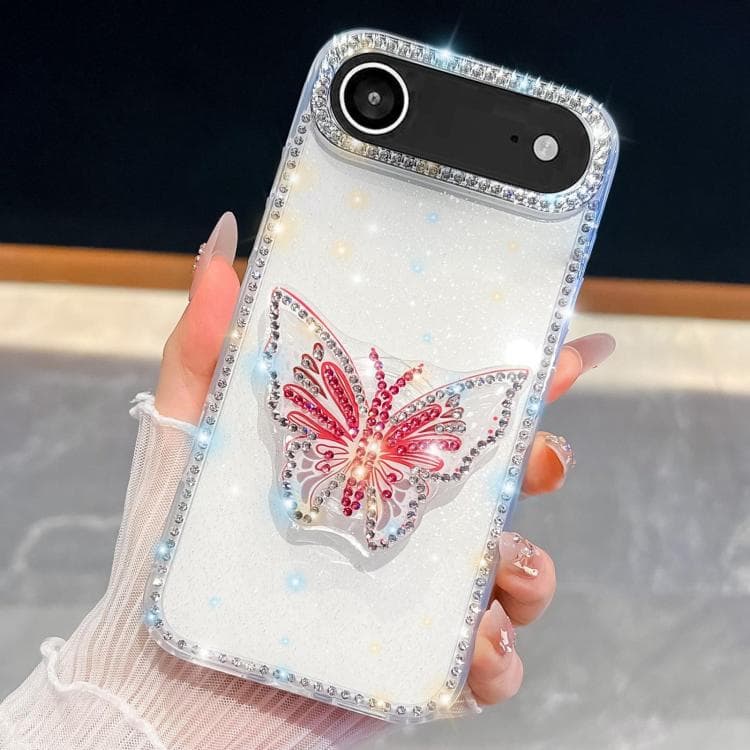 For iPhone Air Diamond Glitter Butterfly Holder Phone Case(White) - Immagine 1