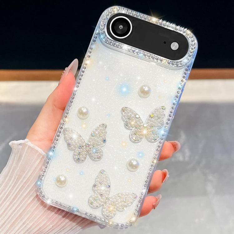 For iPhone Air Diamond Glitter Pearl Butterfly Four-Corner Shockproof Phone Case(Transparent) - Immagine 1