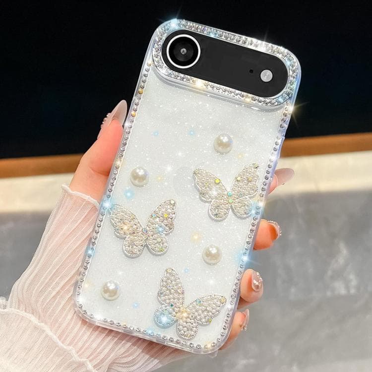 For iPhone Air Diamond Glitter Pearl Butterfly Four-Corner Shockproof Phone Case(White) - Immagine 1