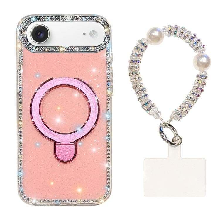 For iPhone Air Double-Sided IMD Rhinestone Magnetic Holder Shockproof Phone Case With Bracelet(Glitter Pink) - Immagine 1