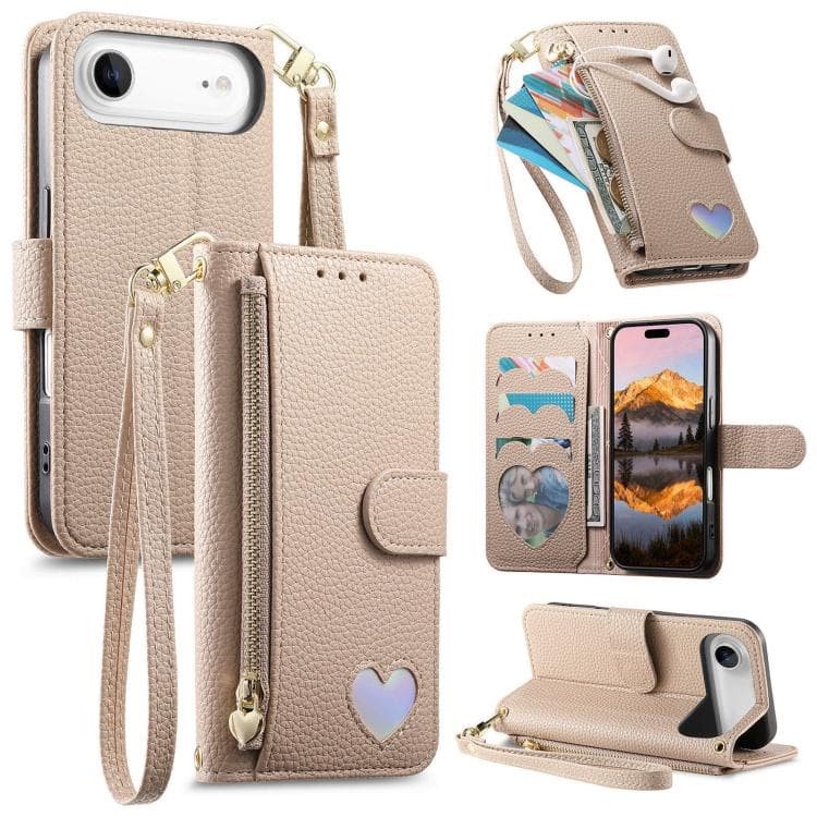 For iPhone Air Fantasy Love Heart Zipper Wallet Vegan Leather Phone Case with Strap(Beige) - Immagine 1