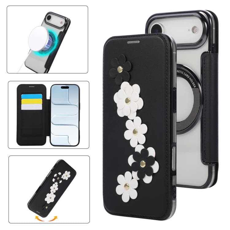 For iPhone Air Floral Magnetic Electroplated Card Holder Vegan Leather Phone Case(Black) - Immagine 1