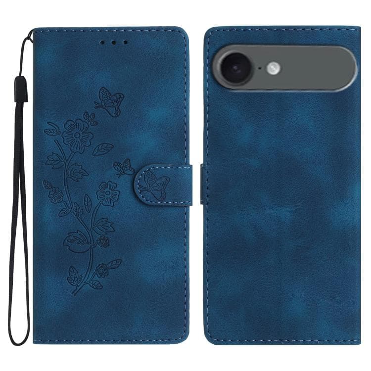 For iPhone Air Flower Butterfly Embossing Pattern Leather Phone Case(Blue)