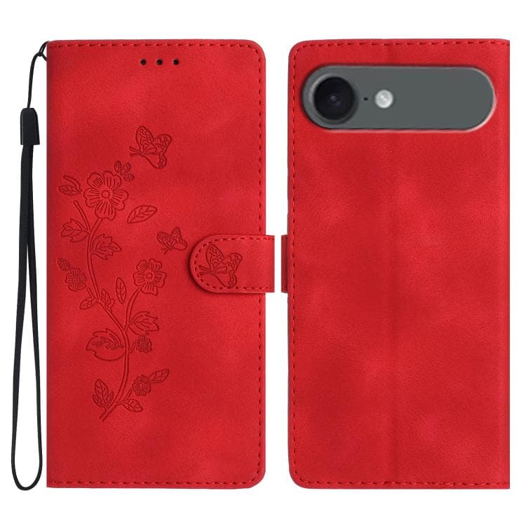 For iPhone Air Flower Butterfly Embossing Pattern Leather Phone Case(Red)