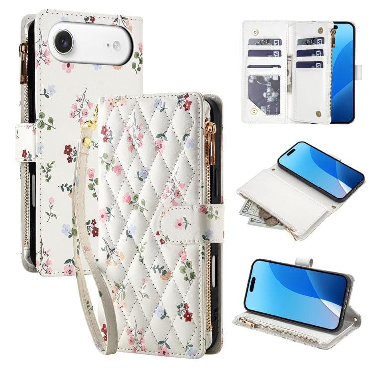 For iPhone Air Flower Pattern Zipper Wallet Vegan Leather Phone Case with Lanyard(Pink Flowers) - Immagine 1