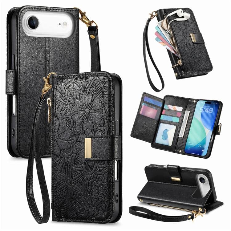 For iPhone Air Flowers Leaves Zipper Wallet Leather Phone Case with Strap(Black) - Immagine 1