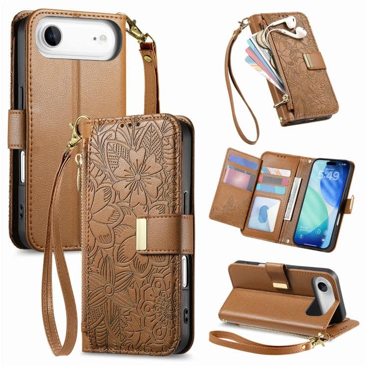 For iPhone Air Flowers Leaves Zipper Wallet Leather Phone Case with Strap(Brown) - Immagine 1