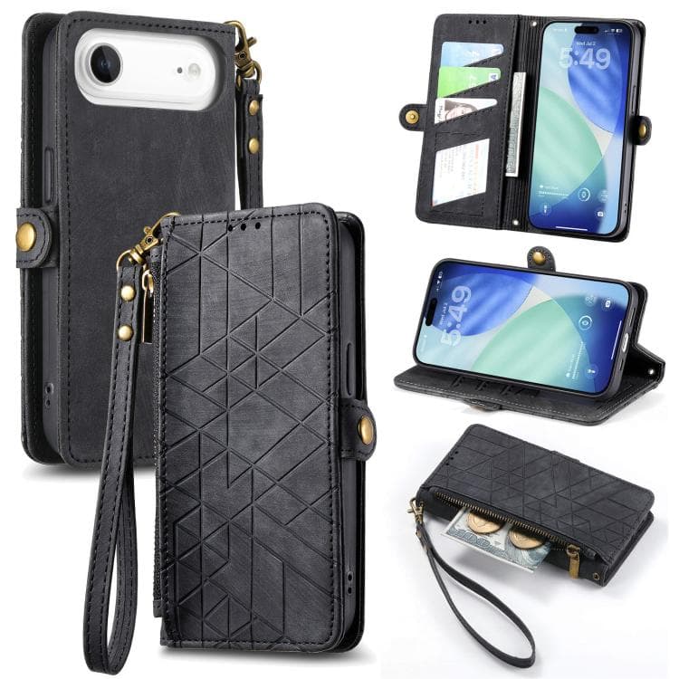 For iPhone Air Geometric Zipper Wallet Side Buckle Leather Phone Case(Black) - Immagine 1