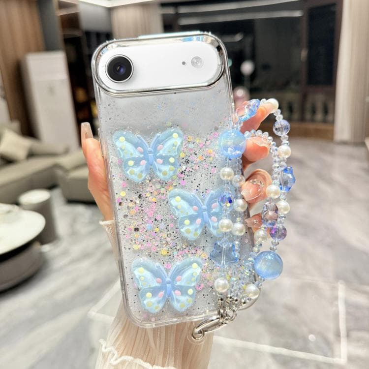 For iPhone Air Glitter 3D Color Butterfly Epoxy TPU Phone Case with Bracelet Chain(Blue) - Immagine 1