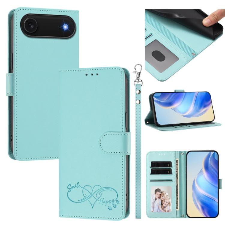 For iPhone Air Happy Heart Pattern Magnetic Closure Vegan Leather Phone Case with Wrist Strap(Mint Green) - Immagine 1