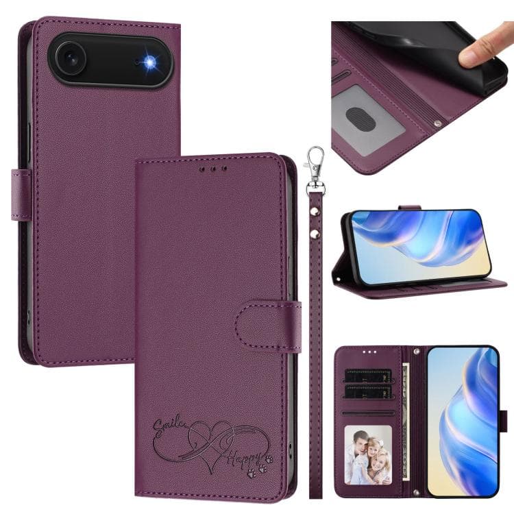 For iPhone Air Happy Heart Pattern Magnetic Closure Vegan Leather Phone Case with Wrist Strap(Violet) - Immagine 1