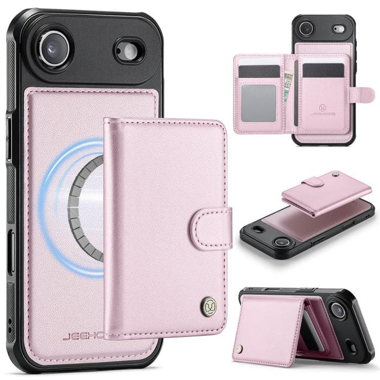 For iPhone Air JEEHOOD J09 Buckle Card Bag MagSafe Magnetic Style RFID Leather Phone Case(Pink) - Immagine 1