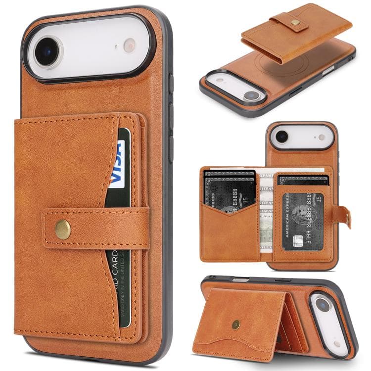 For iPhone Air Kalebol Magnetic Button Card Bag MagSafe Ring Leather Phone Case(Brown) - Immagine 1