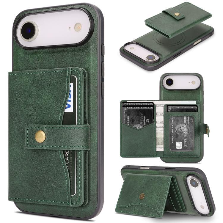 For iPhone Air Kalebol Magnetic Button Card Bag MagSafe Ring Leather Phone Case(Green) - Immagine 1