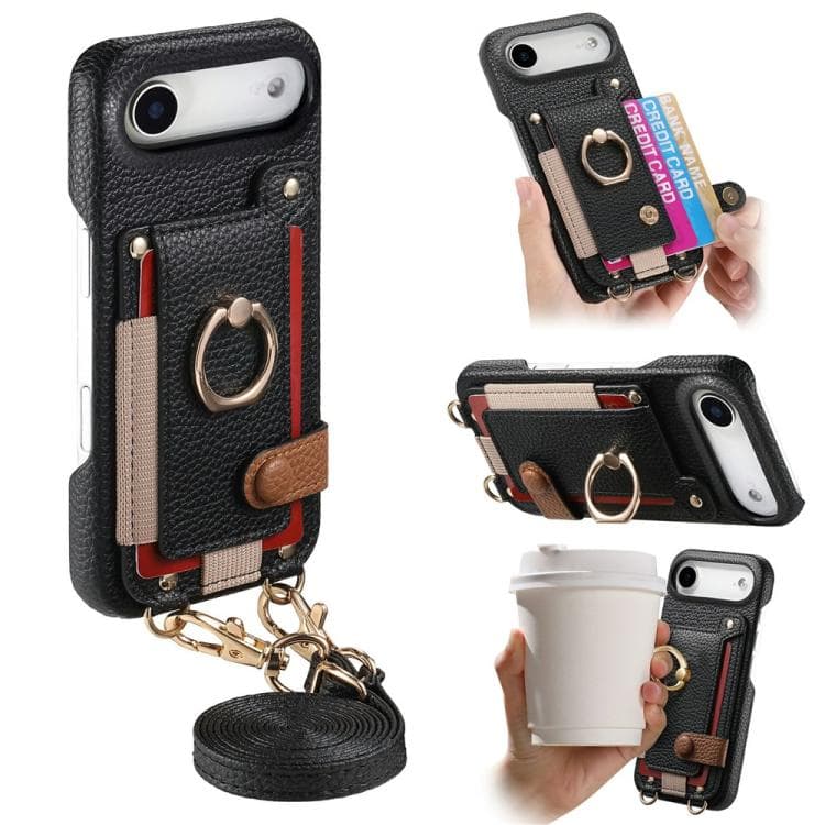 For iPhone Air Litchi Texture Card Bag Ring Holder Vegan Leather + PC Phone Case with Shoulder Strap(Black) - Immagine 1