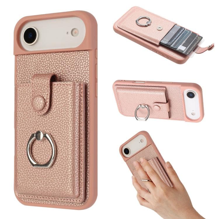 For iPhone Air Litchi Texture Drawing Card Bag Ring Holder Phone Case(Rose Gold) - Immagine 1