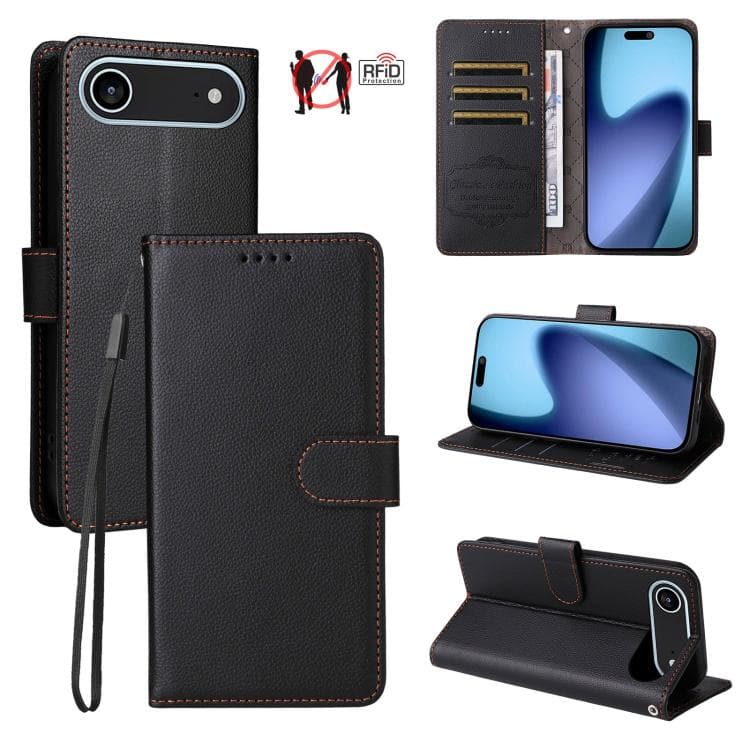 For iPhone Air Litchi Texture RFID Blocking 3-Card Wallet Leather Phone Case(Black) - Immagine 1