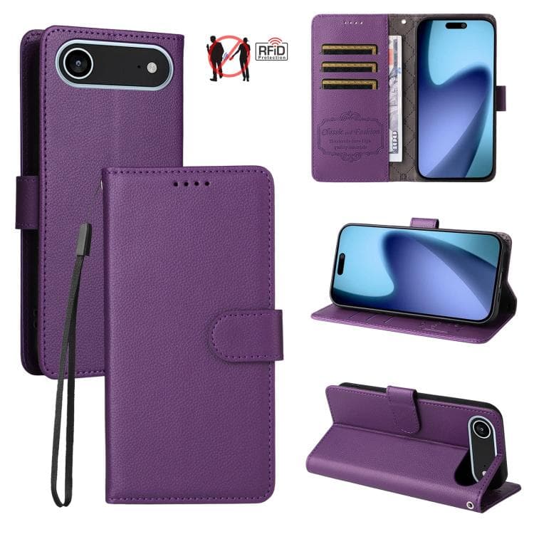 For iPhone Air Litchi Texture RFID Blocking 3-Card Wallet Leather Phone Case(Purple) - Immagine 1
