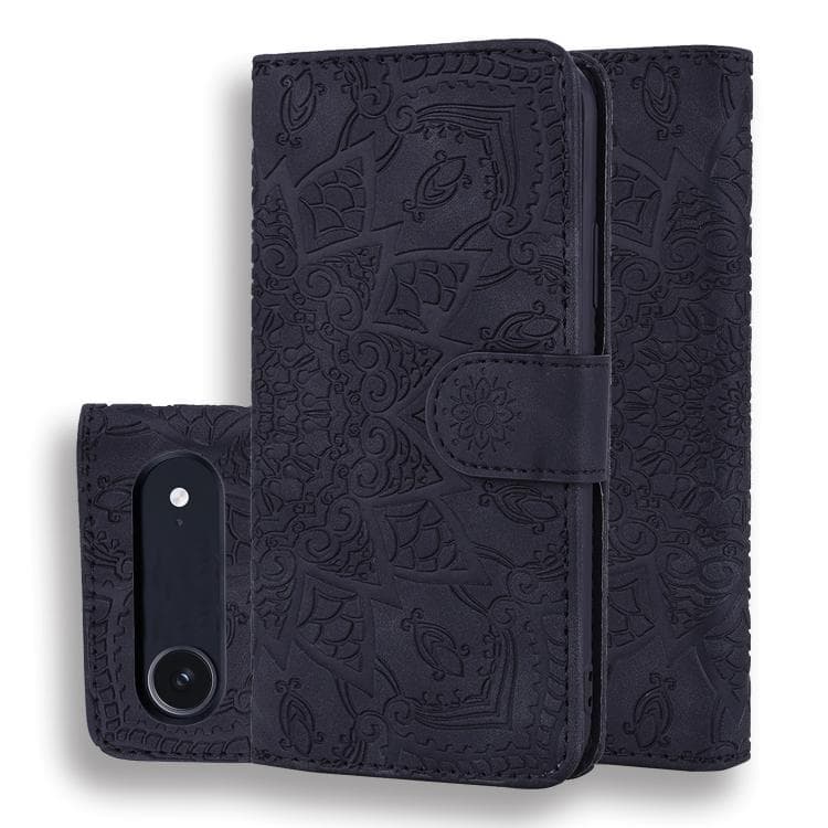 For iPhone Air Mandala Embossed Dual-Fold Calf Leather Phone Case(Black) - Immagine 1