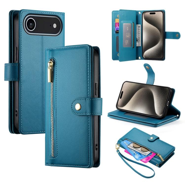 For iPhone Air Nine Card-slot Zipper Wallet Bag Leather Phone Case(Blue) - Immagine 1