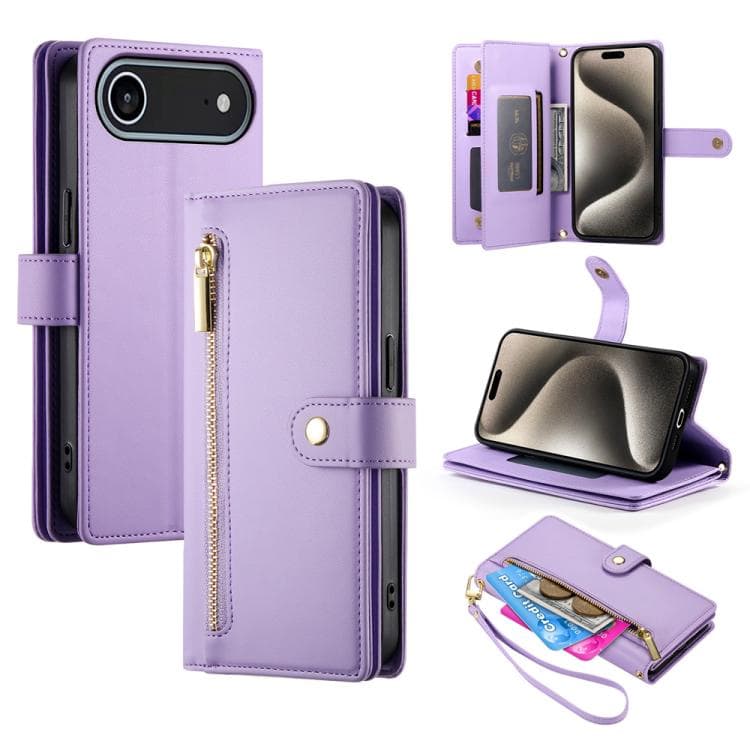 For iPhone Air Nine Card-slot Zipper Wallet Bag Leather Phone Case(Purple) - Immagine 1