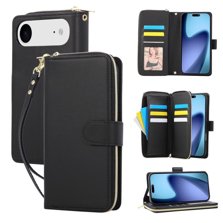 For iPhone Air Nine-card Slots Zipper Wallet Bag Leather Phone Case(Black) - Immagine 1