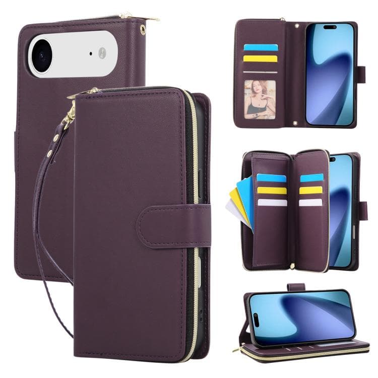 For iPhone Air Nine-card Slots Zipper Wallet Bag Leather Phone Case(Dark Purple) - Immagine 1