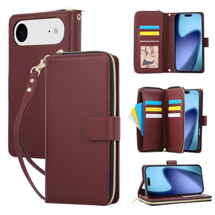 For iPhone Air Nine-card Slots Zipper Wallet Bag Leather Phone Case(Wine Red) - Immagine 1