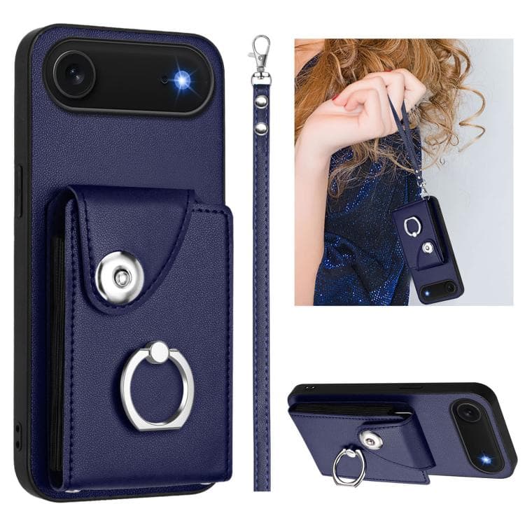 For iPhone Air Organ Card Bag Ring Holder PU Phone Case with Lanyard(Blue) - Immagine 1