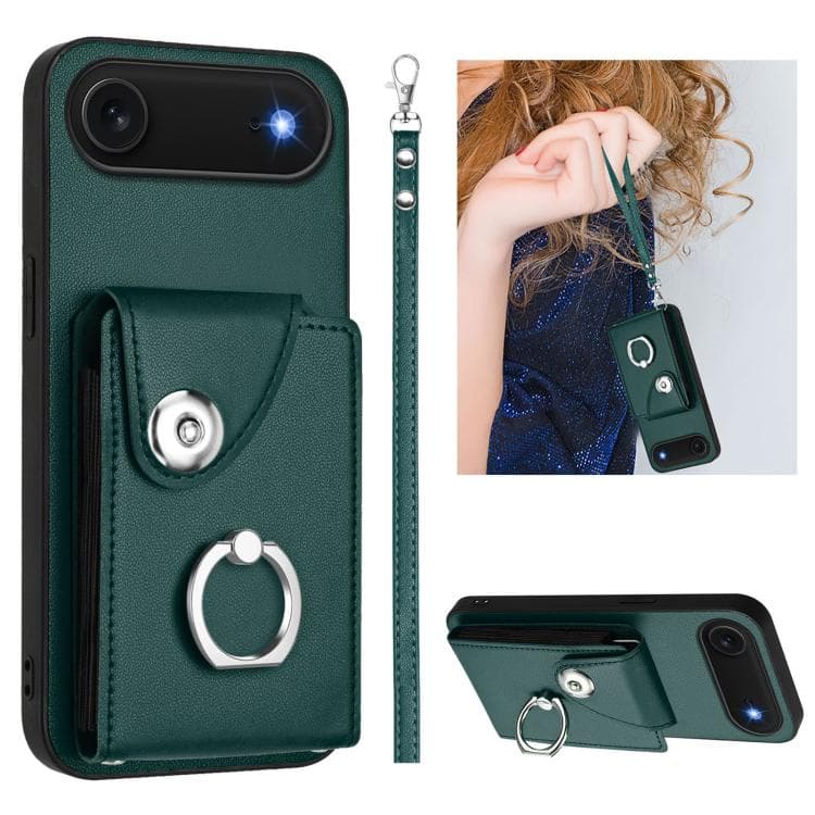 For iPhone Air Organ Card Bag Ring Holder PU Phone Case with Lanyard(Green) - Immagine 1