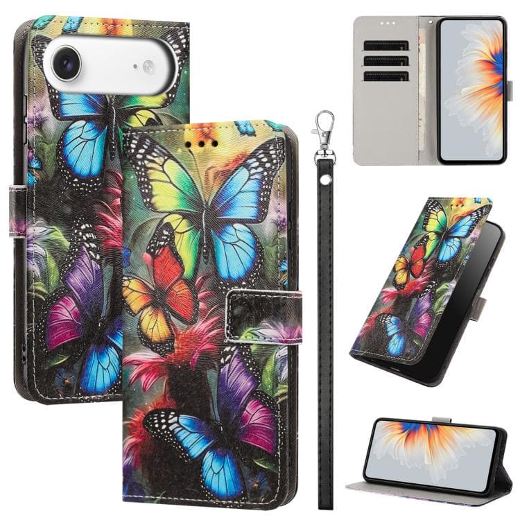 For iPhone Air Painted Pattern Vegan Leather Phone Case with Strap(Colorful Butterfly) - Immagine 1