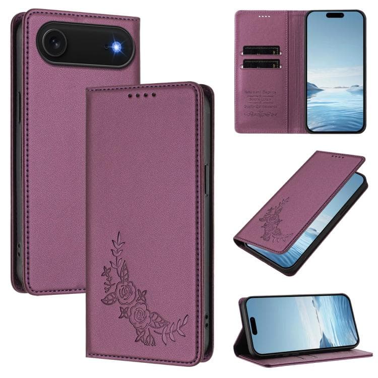 For iPhone Air Peony Embossed Magnetic RFID Vegan Leather Phone Case(Violet Purple) - Immagine 1