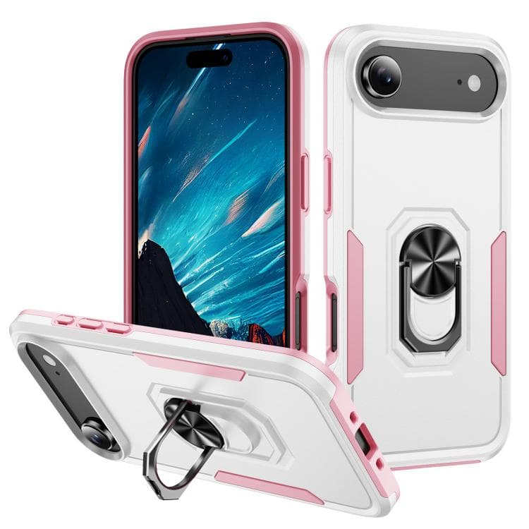 For iPhone Air Pioneer Armor Heavy Duty PC + TPU Phone Case with Holder(White+Pink) - Immagine 1