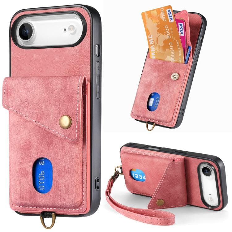 For iPhone Air Retro Card Wallet Fold Leather Phone Case with Strap(Pink) - Immagine 1