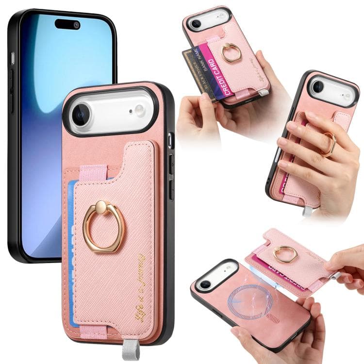For iPhone Air Retro Magsafe Cross Leather Ring Holder Card Bag Phone Case(Pink) - Immagine 1