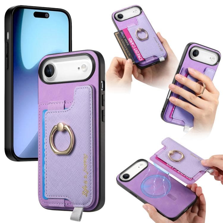 For iPhone Air Retro Magsafe Cross Leather Ring Holder Card Bag Phone Case(Purple) - Immagine 1