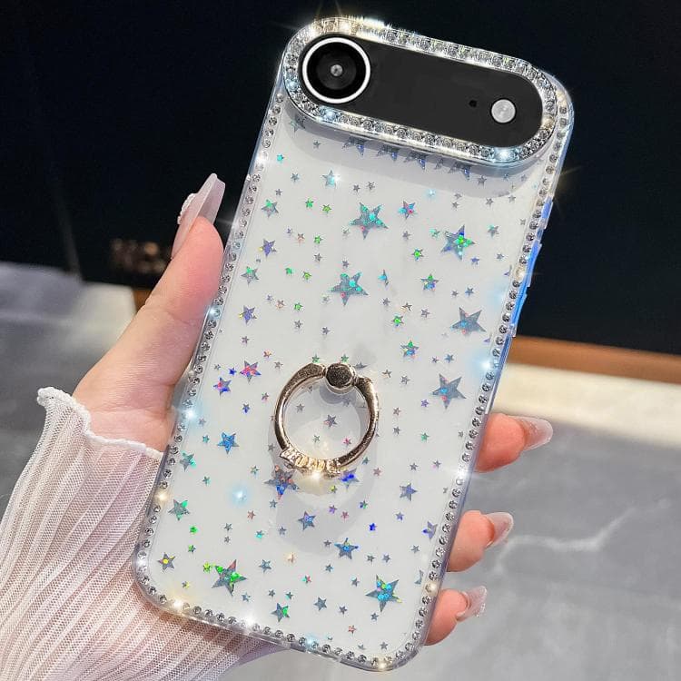 For iPhone Air Rhinestone Glitter TPU Ring Holder Anti-fall Phone Case(Transparent Stars) - Immagine 1