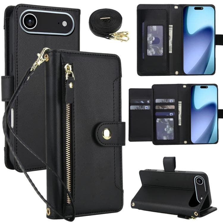 For iPhone Air Seven Card Slots Zipper Wallet Leather Phone Case with Lanyard(Black) - Immagine 1