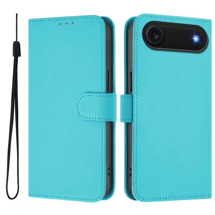 For iPhone Air Skin Feel Solid Color Leather Phone Case with Lanyard(Lake Blue) - Immagine 1