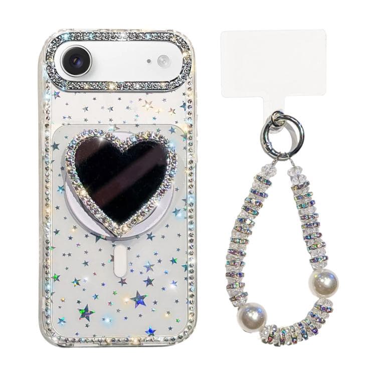 For iPhone Air Sparkling IMD Heart-Shaped Mirror Magnetic Phone Case with Bracelet(Star Transparent) - Immagine 1