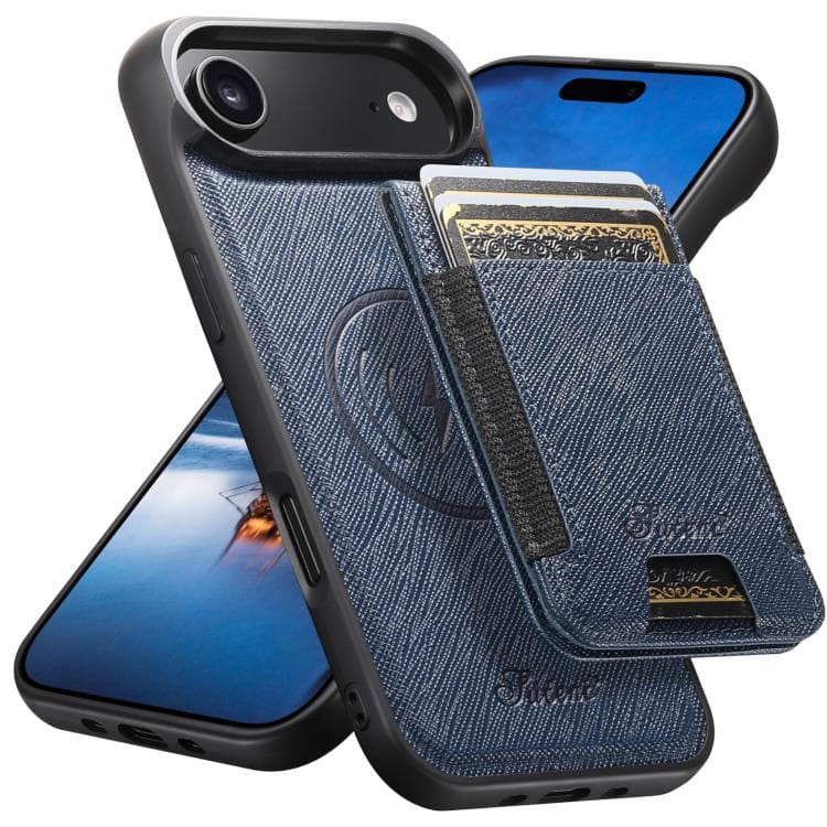 For iPhone Air Suteni H17 Cross Grain Leather MagSafe Detachable Wallet Phone Case(Blue) - Immagine 1
