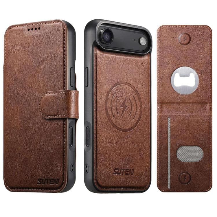 For iPhone Air Suteni Q05S5 3-in-1 Detachable Bottle Opener Card Bag Magnetic Cowhide Vegan Leather Phone Case(Brown) - Immagine 1