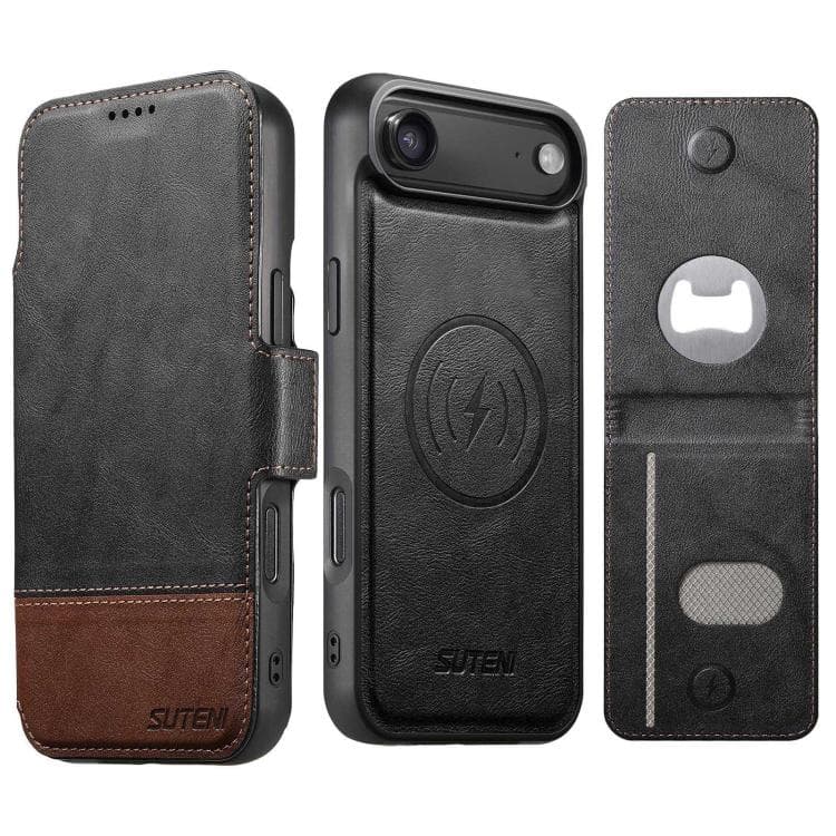 For iPhone Air Suteni Q06S5 3-in-1 Detachable Bottle Opener Card Bag Magnetic Top-Bottom Spliced Vegan Leather Phone Case(Black) - Immagine 1